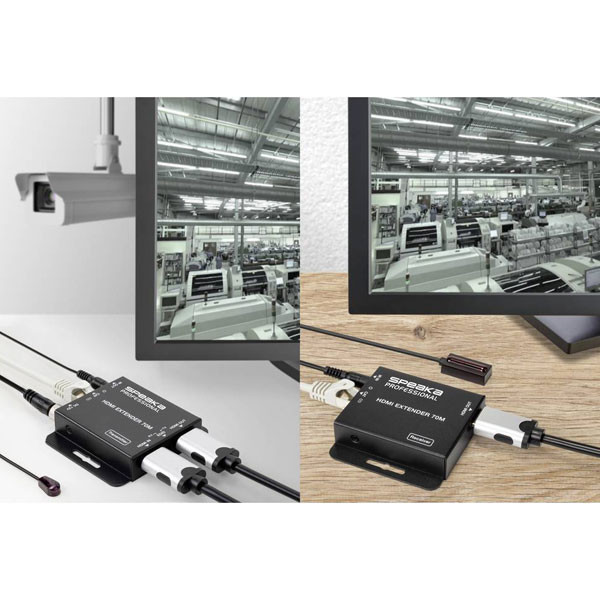 نحوه اتصال توسعه دهنده HDMI FN-E270 - فرستنده به منبع و گیرنده به نمایشگر از طریق کابل شبکه CAT6 تا 70 متر