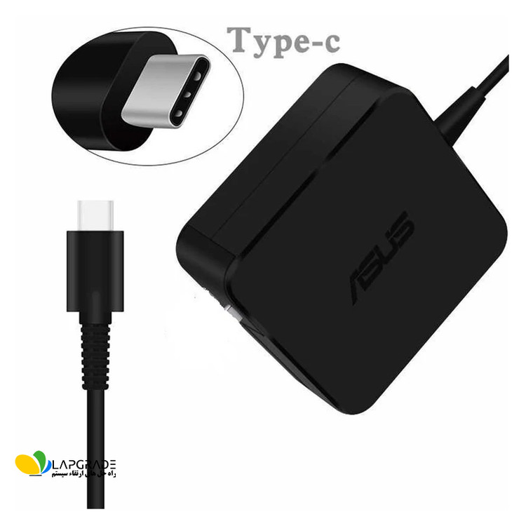 نمای نزدیک سوکت USB Type-C شارژر لپ تاپ ایسوس مدل ADL-65A1 برای اتصال به لپ تاپ های جدید ASUS و دستگاه های دارای پورت USB-C