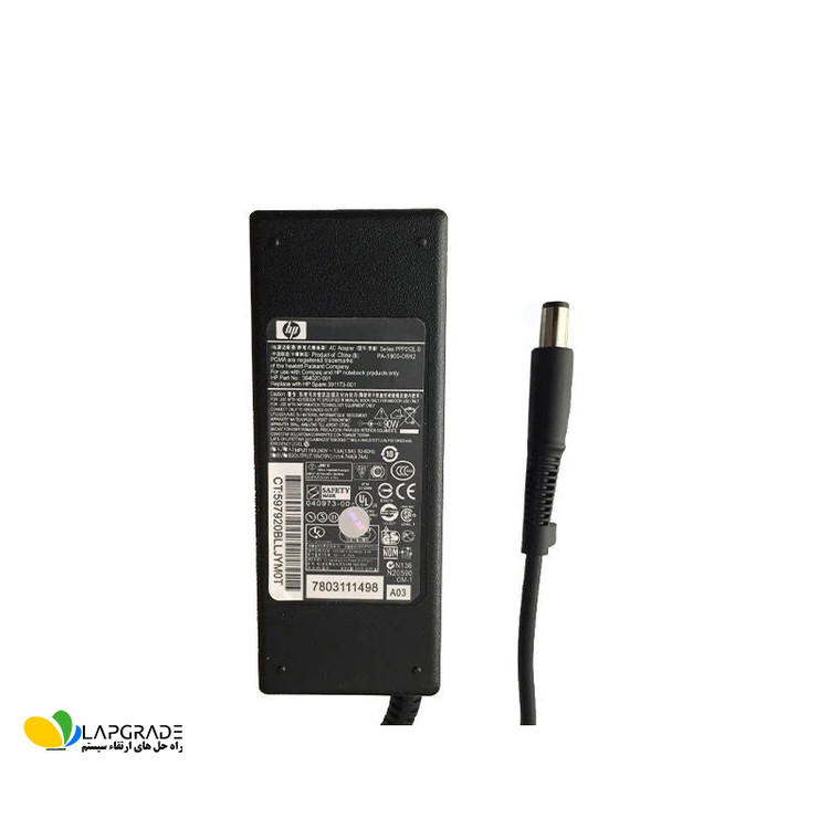 برچسب مشخصات فنی شارژر لپ تاپ اچ پی مدل PA-1900-08H2 شامل ولتاژ 19 ولت، جریان 4.74 آمپر، توان 90 وات و لوگوی HP