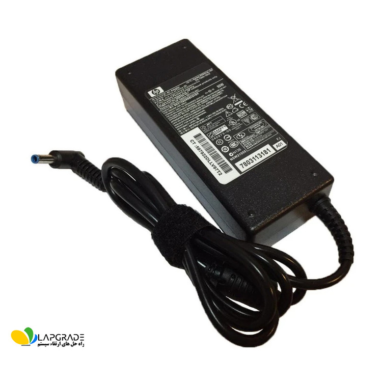 برچسب مشخصات فنی شارژر لپ تاپ اچ پی مدل PA-1900-18H2 شامل ولتاژ 19.5 ولت، جریان 4.62 آمپر، توان 90 وات و لوگوی HP
