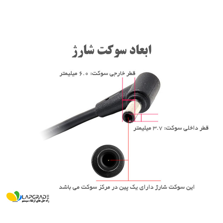 نمای نزدیک سوکت گرد با پین مرکزی 6.0 در 3.7 میلیمتر شارژر لپ تاپ ایسوس مدل ADP-240EB B برای اتصال به لپ تاپ های گیمینگ ASUS ROG