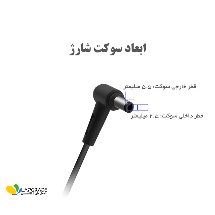 نمای نزدیک سوکت گرد فاقد پین مرکزی 5.5 در 2.5 میلیمتر شارژر لپ تاپ ایسوس مدل ADP-65DWA برای اتصال به لپ تاپ های ASUS